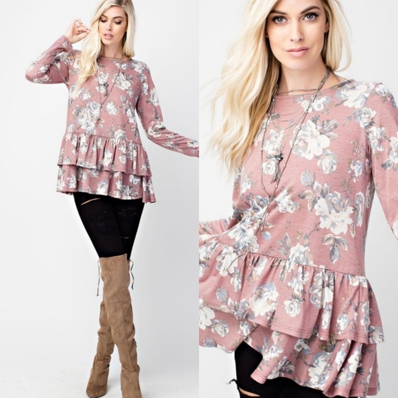 Sweetbb Tops - Small Mauve Floral Long Sleeve  Ruffle Top .